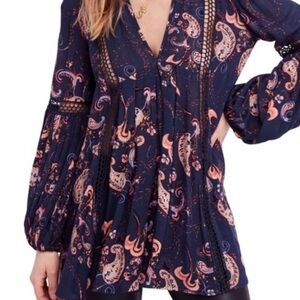 Free People Navy Paisley Peasant Tunic with Pink Accents